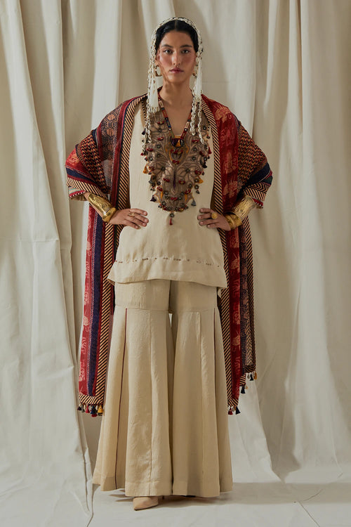 Ecru Kora Mitra Short Kurta Set With Dupatta