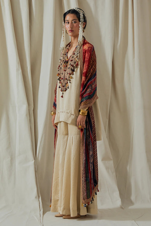 Ecru Kora Mitra Short Kurta Set With Dupatta