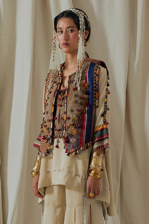 Ecru Kora Zuri Gilet With Kurta And Flared Trousers