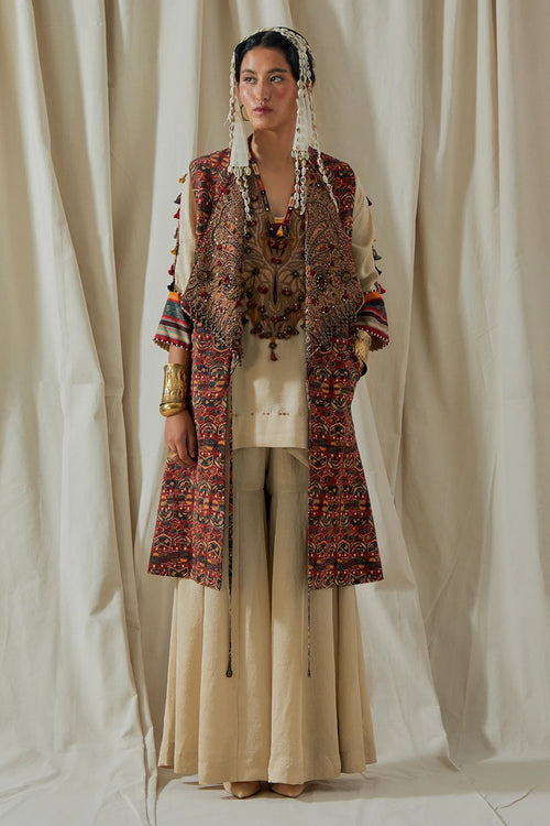 Ecru Maroon Kora Hina Trench Coat Set