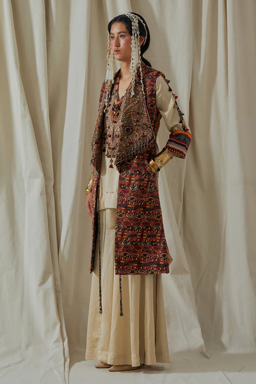 Ecru Maroon Kora Hina Trench Coat Set
