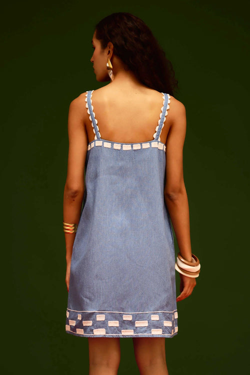 Denim Blue Strappy Shift Dress with Thread Embroidery