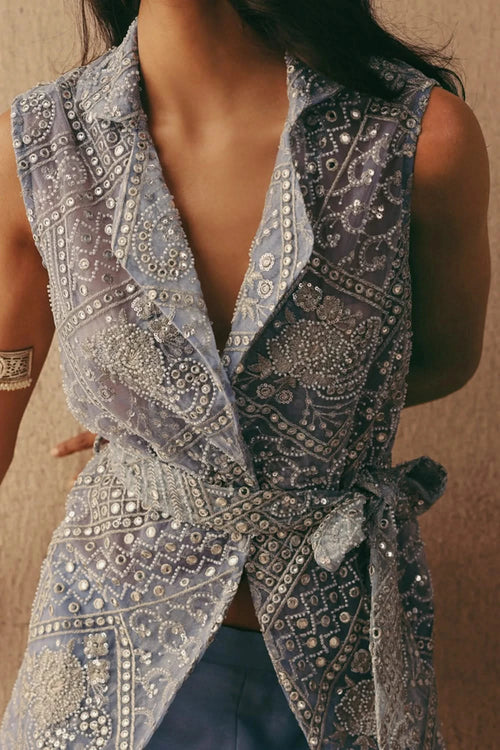 Sky Blue Mirrorwork Sleeveless Short Blazer