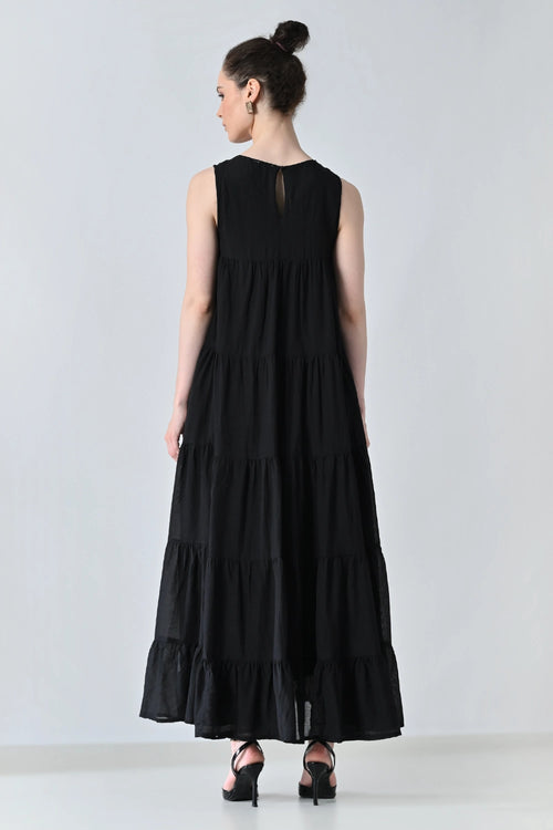 Black Embroidered Tiered Long Dress