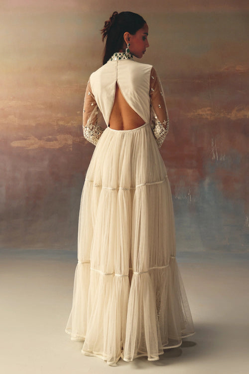 Ivory Backless Anarkali Jacket and Palazzos with Mirrorwork