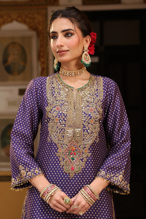 Ahista Purple Printed Pakhi Yoke Heavy Straight Kurta Set