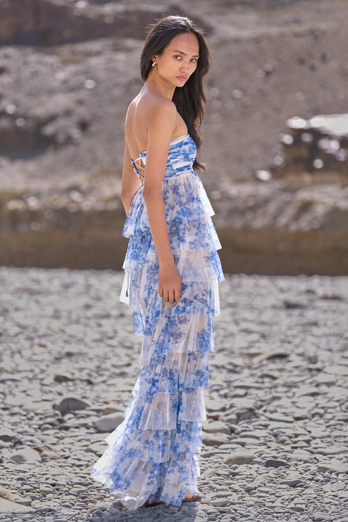Cascading Ceramic Print Gown