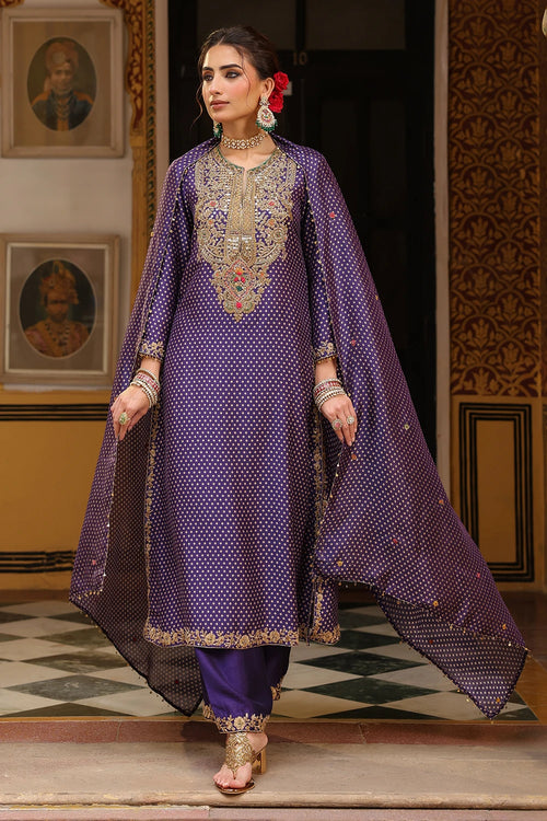 Ahista Purple Printed Pakhi Yoke Heavy Straight Kurta Set With Dupatta