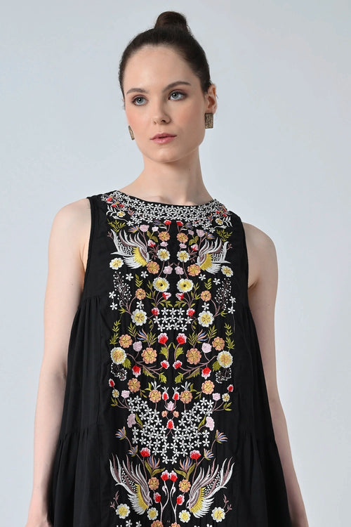 Black Embroidered Tiered Long Dress