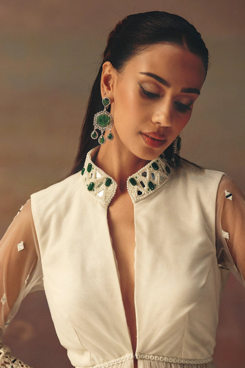 Ivory Backless Anarkali Jacket and Palazzos with Mirrorwork