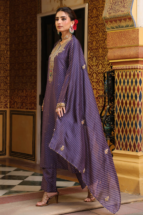 Ahista Purple Printed Pakhi Yoke Heavy Straight Kurta Set With Dupatta