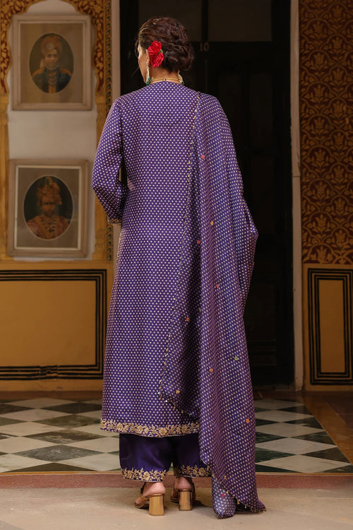 Ahista Purple Printed Pakhi Yoke Heavy Straight Kurta Set With Dupatta