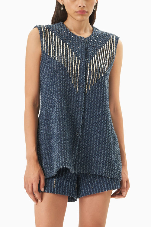 Dark Denim Lazercut Embellished  Vest