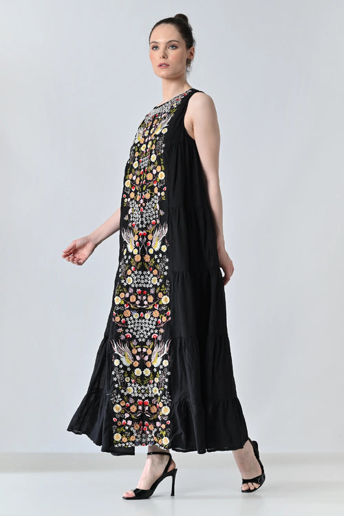 Black Embroidered Tiered Long Dress