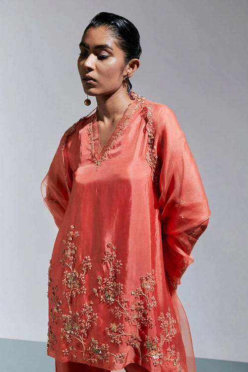 Vermilion Hand-Embroidered Organza Dupatta