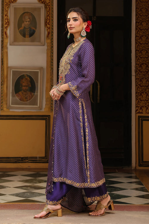 Ahista Purple Printed Pakhi Yoke Heavy Straight Kurta Set