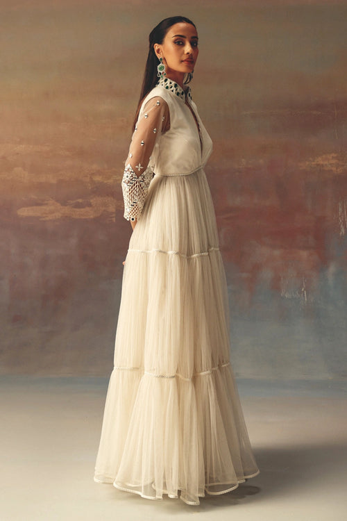 Ivory Backless Anarkali Jacket and Palazzos with Mirrorwork