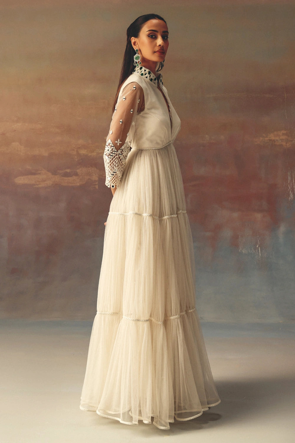 Ivory Backless Anarkali Jacket and Palazzos with Mirrorwork