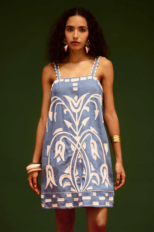 Denim Blue Strappy Shift Dress with Thread Embroidery