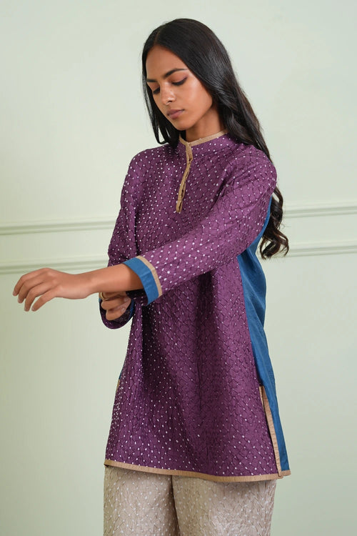Lilac and Teal Crushed Bandhani Kurta Shirt