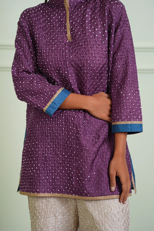 Lilac and Teal Crushed Bandhani Kurta Shirt