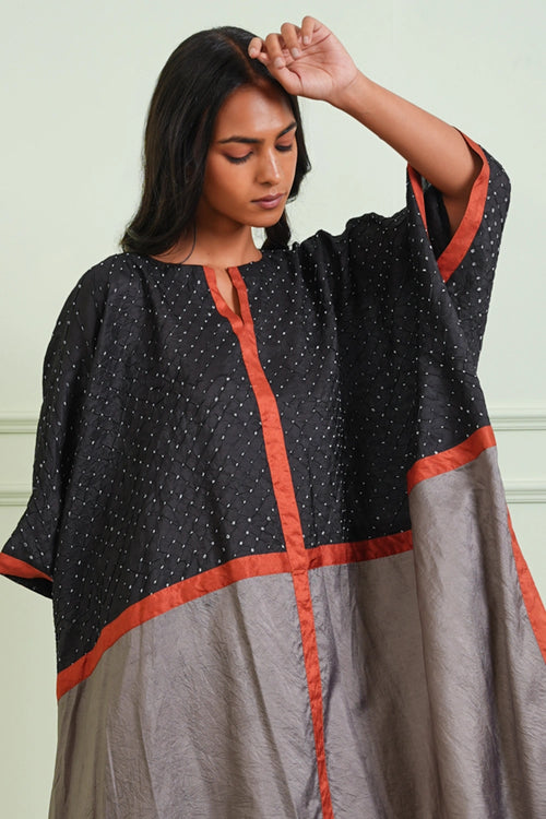 Black and Charcoal Bandhani Color Block Kaftan Tunic