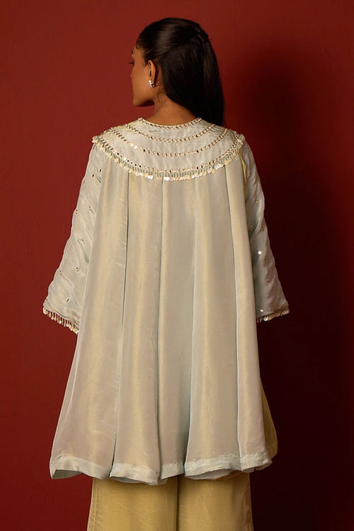 Sky Blue and Sage Green Tissue Mirrorwork Panelled Tunic