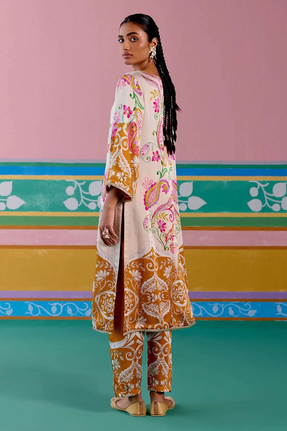 Pink And Mustard Paisley Kurta Set