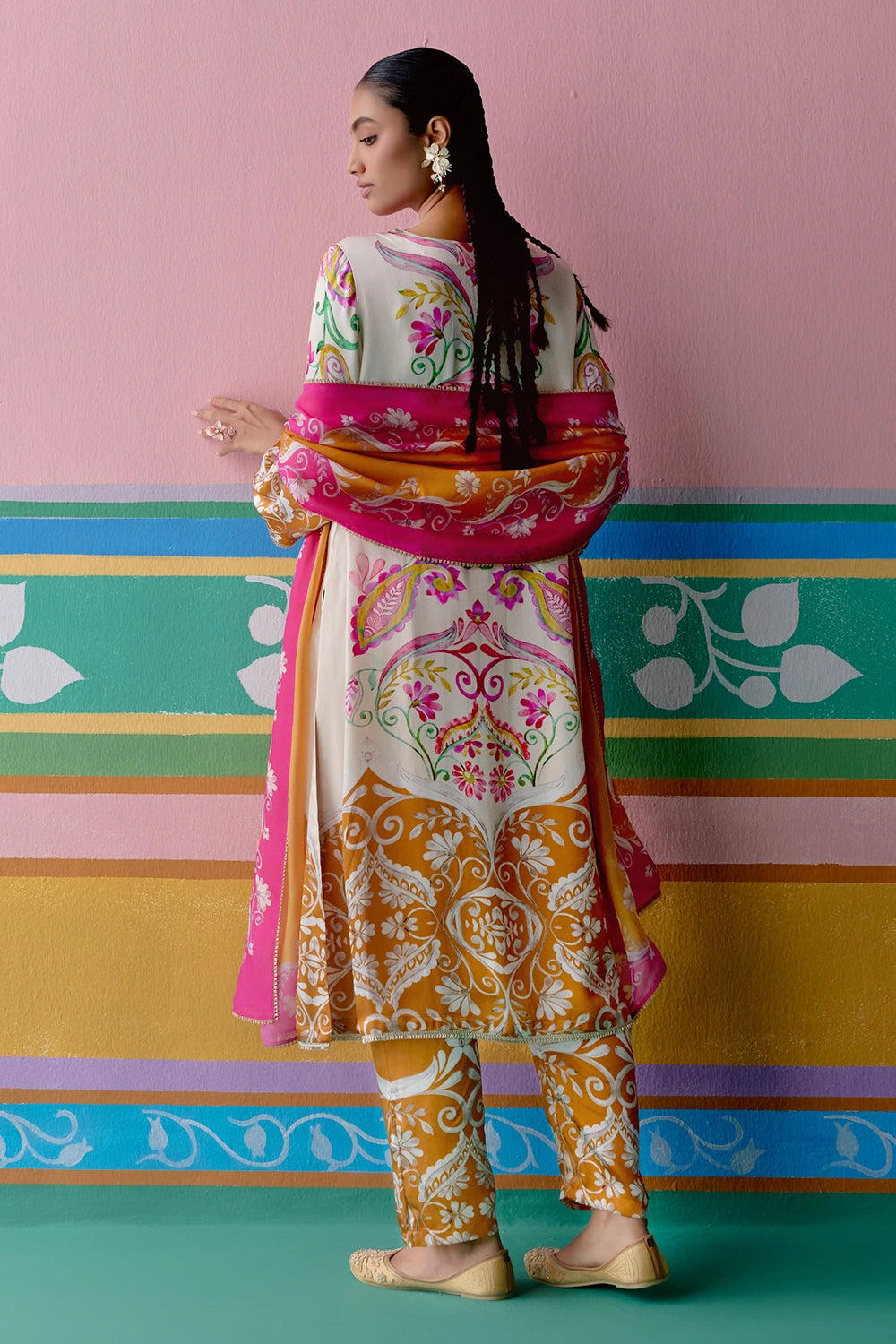Pink And Mustard Paisley Kurta Set With Dupatta