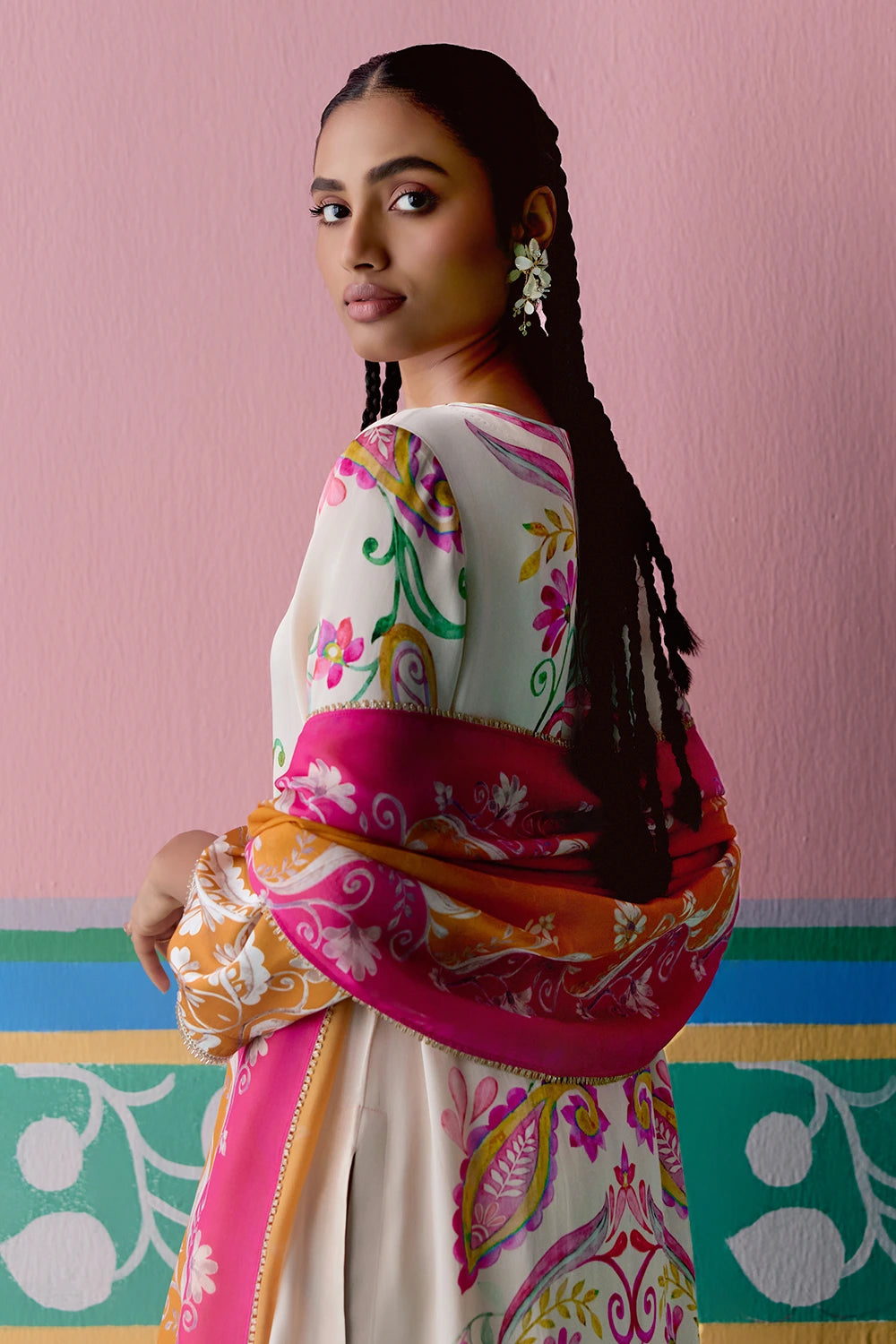 Pink And Mustard Paisley Kurta Set With Dupatta