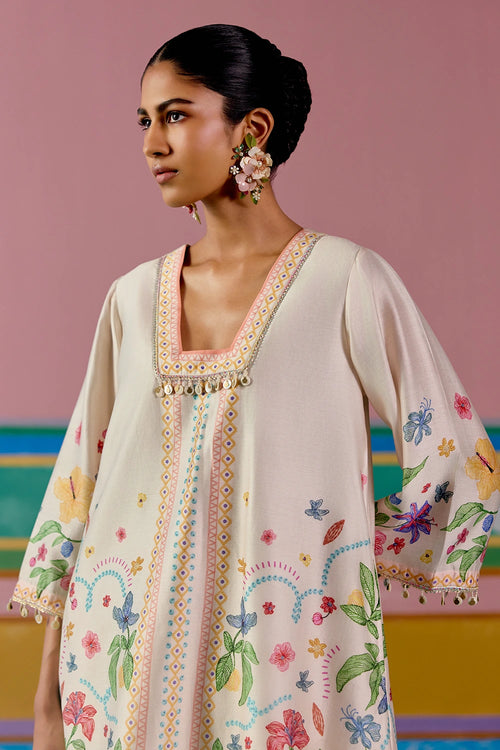 Ecru Floral Square Neck Kurta Set