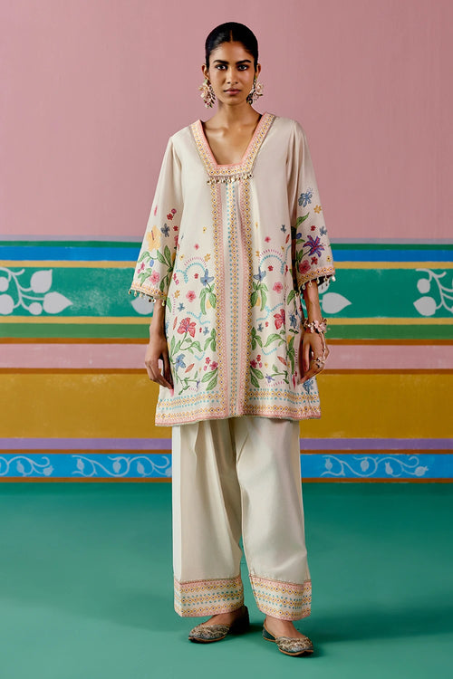 Ecru Floral Square Neck Kurta Set