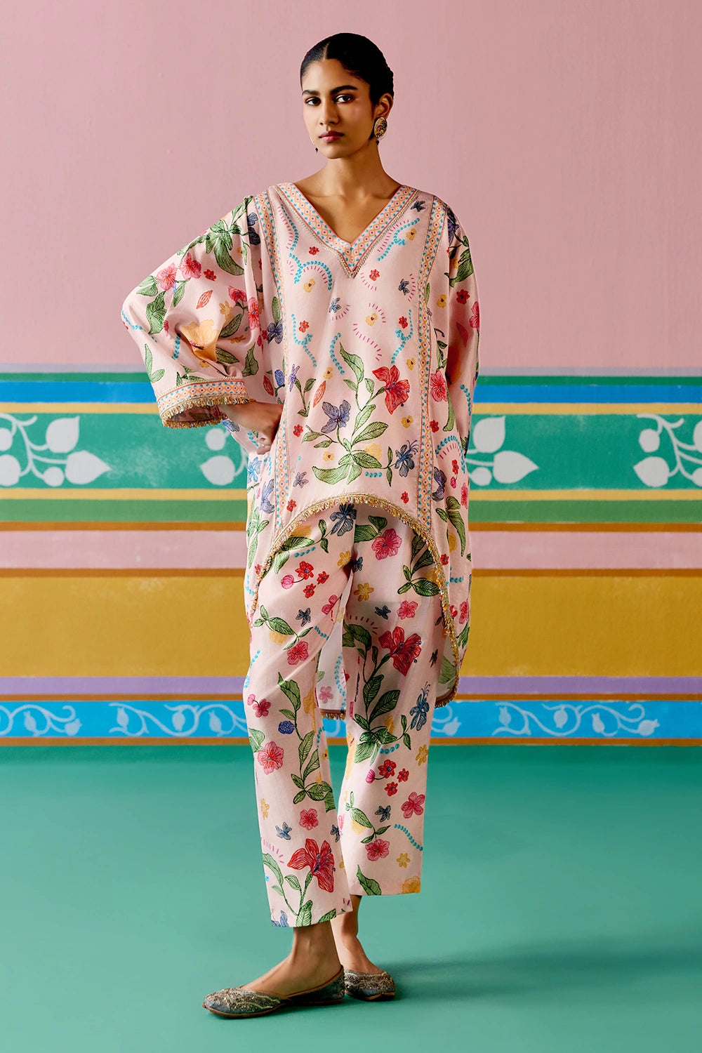 Dusty Pink Floral Short Kaftan Set