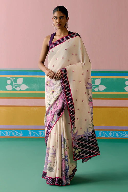 Ecru And Purple Ikkat Saree