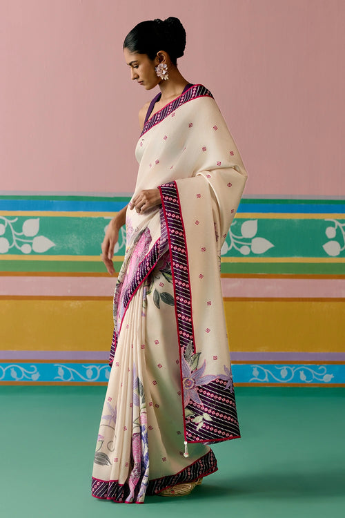 Ecru And Purple Ikkat Saree