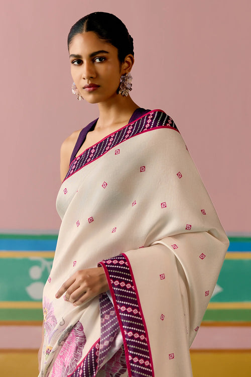 Ecru And Purple Ikkat Saree