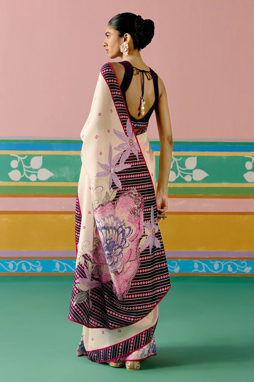 Ecru And Purple Ikkat Saree