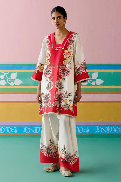 Ecru And Red Floral Square Neck Kurta Set