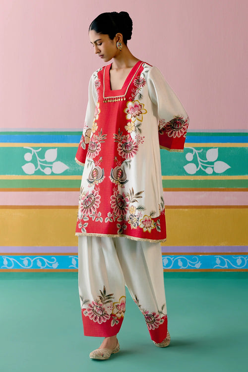 Ecru And Red Floral Square Neck Kurta Set