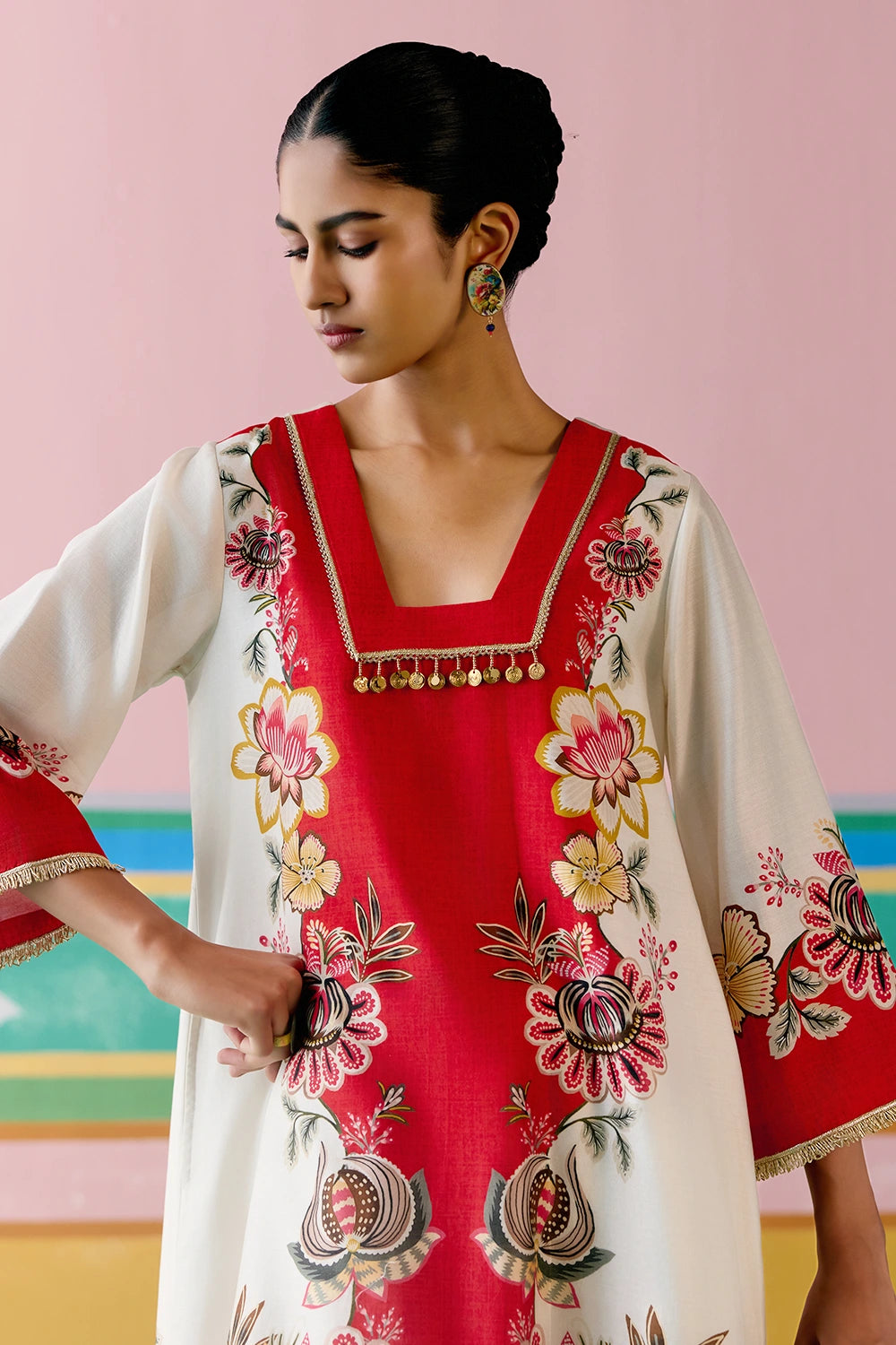 Ecru And Red Floral Square Neck Kurta Set
