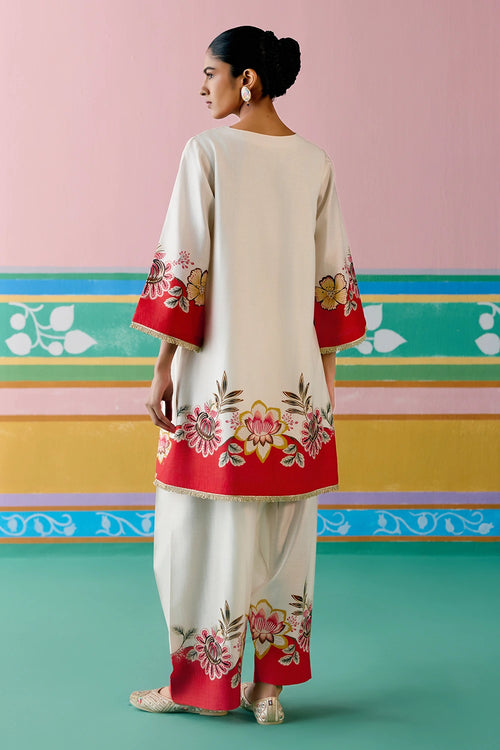 Ecru And Red Floral Square Neck Kurta Set