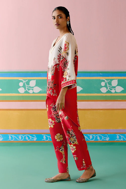 Ecru And Red Floral Short Kaftan Set