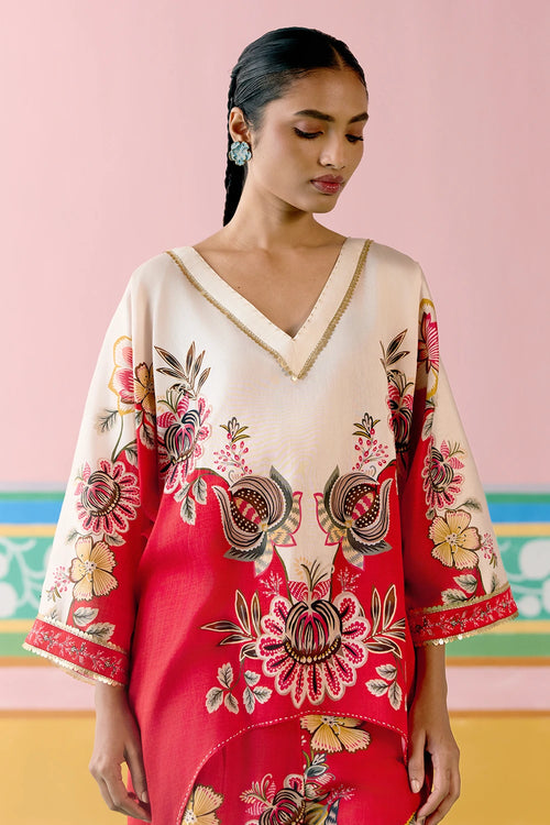 Ecru And Red Floral Short Kaftan Set