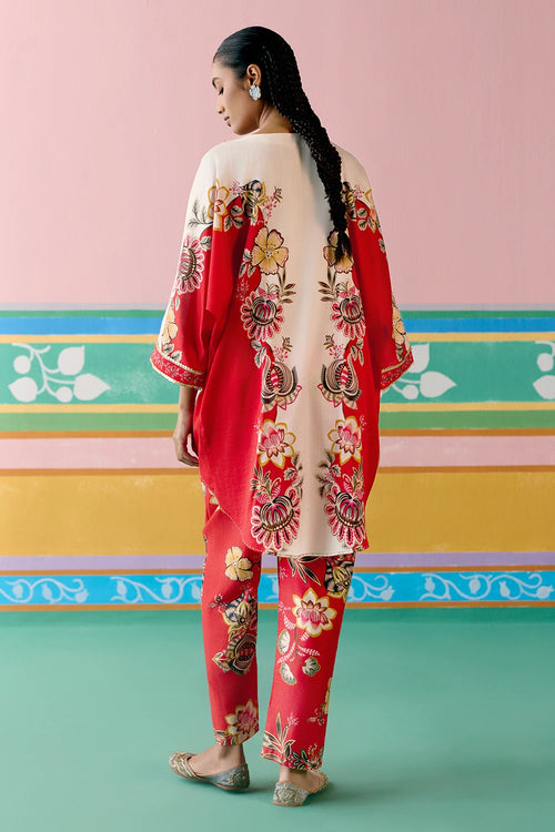 Ecru And Red Floral Short Kaftan Set