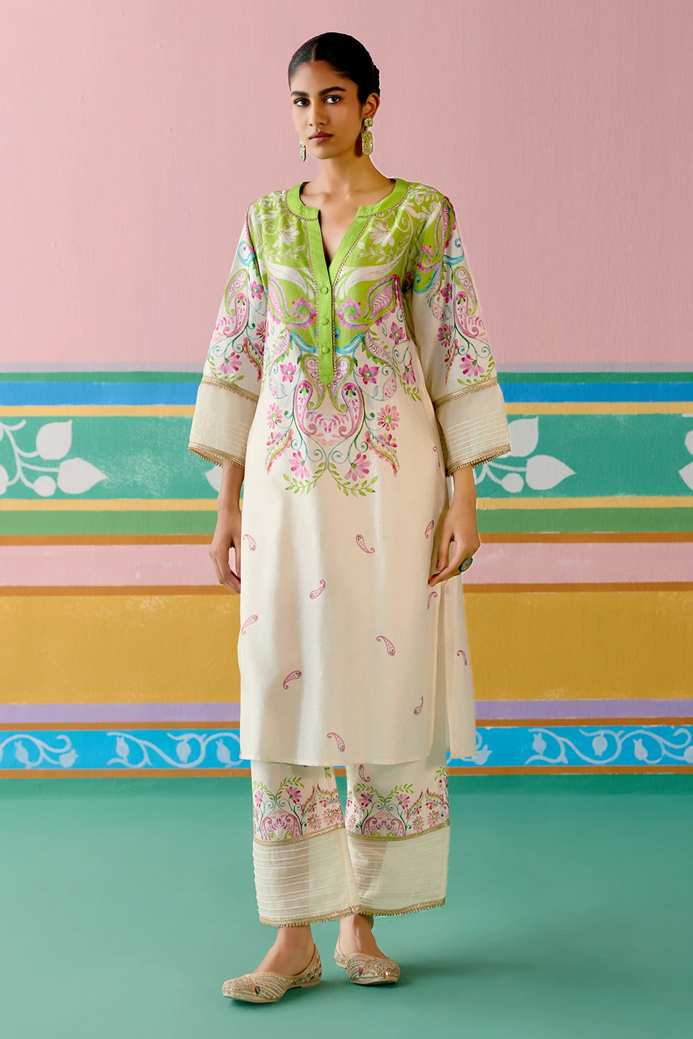 Lime Green Paisley V-neck Kurta Set With Dupatta
