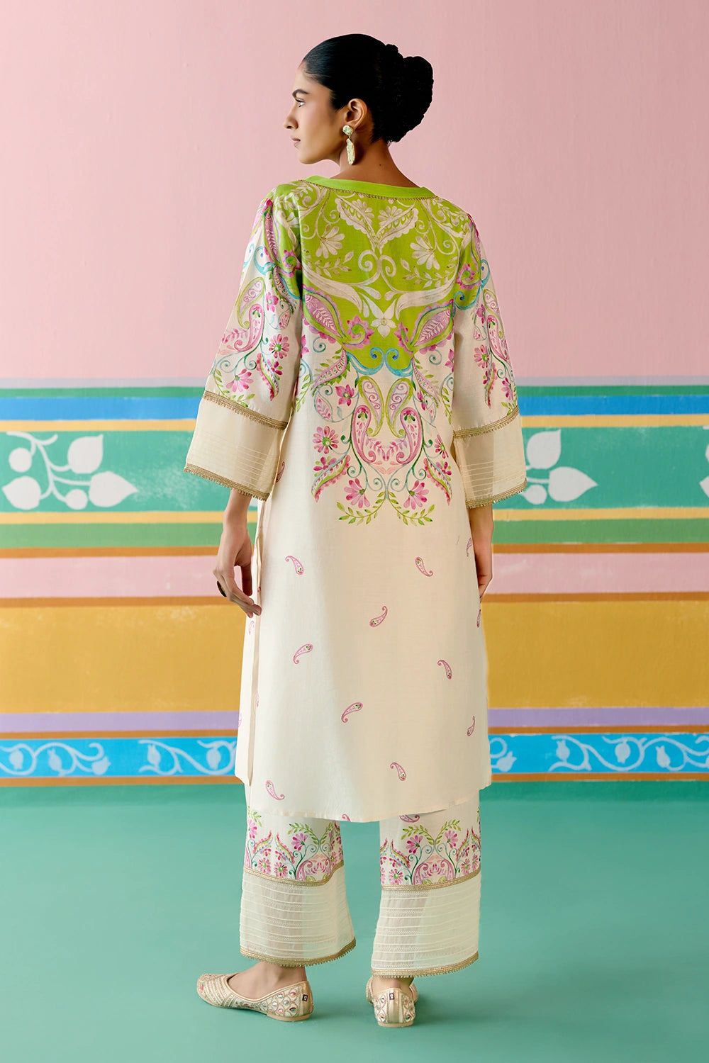 Lime Green Paisley V-neck Kurta Set