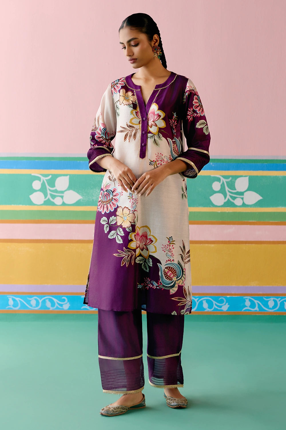 Purple Floral V-Neck Kurta Set With Dupatta