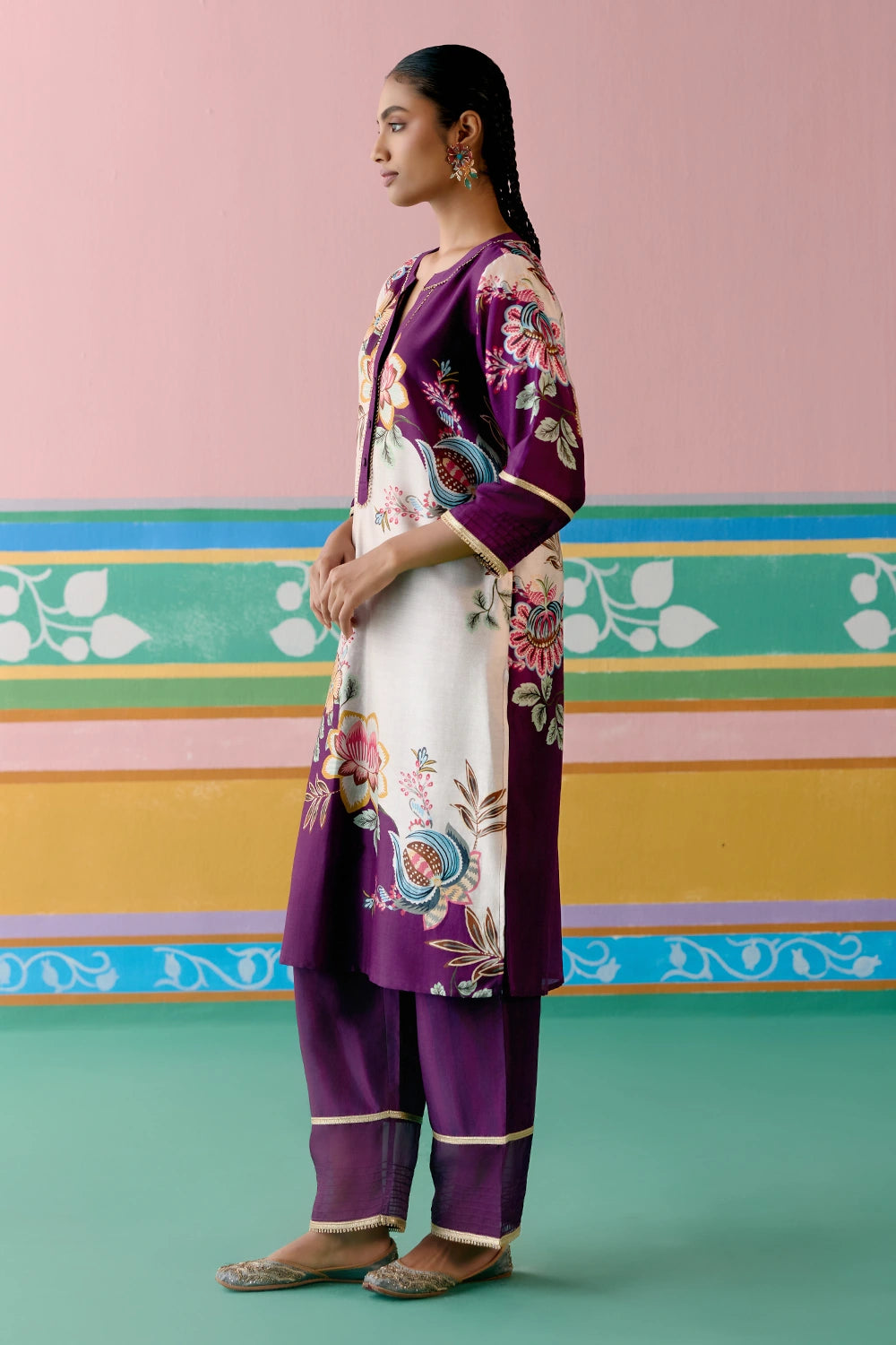 Purple Floral V-Neck Kurta Set