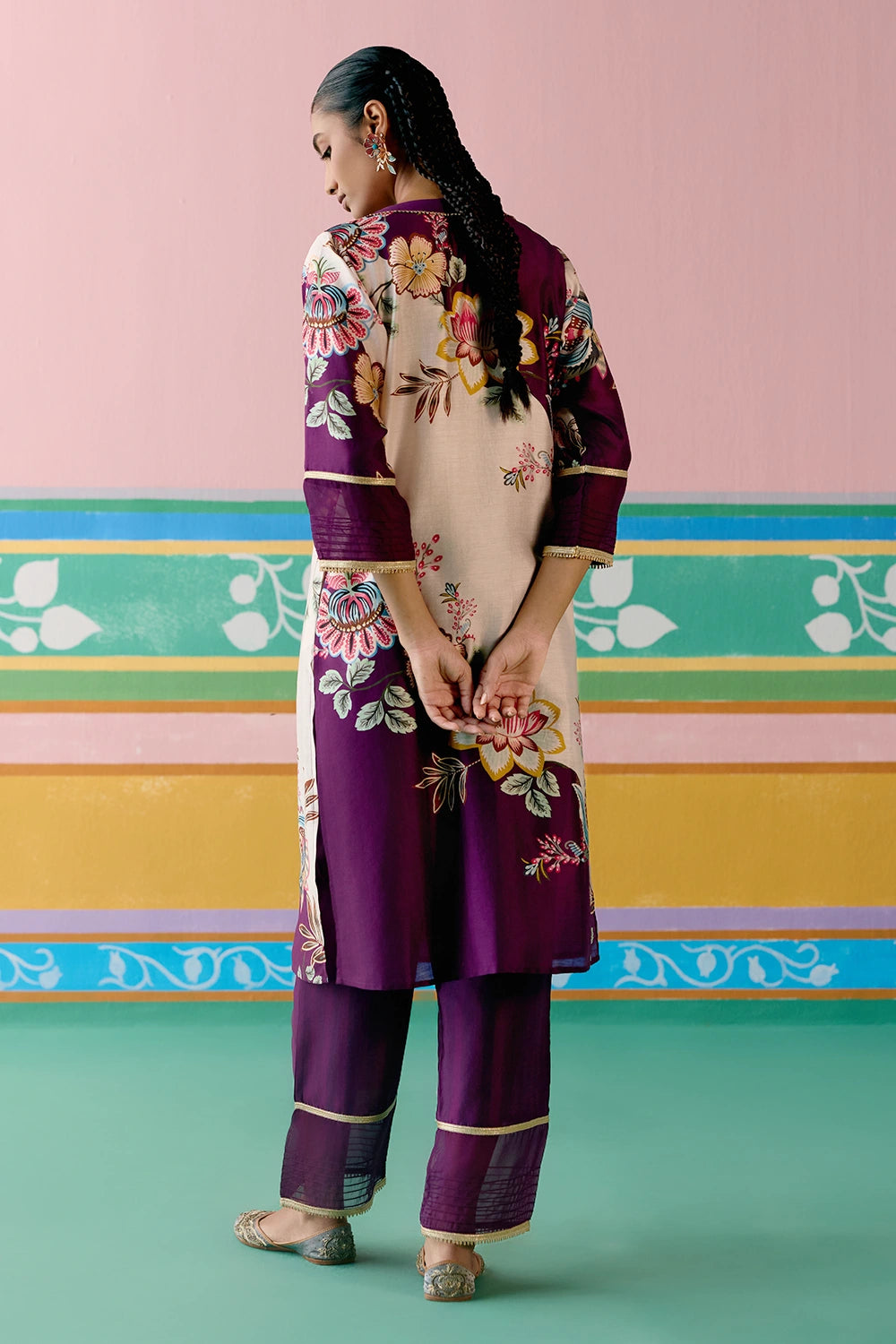 Purple Floral V-Neck Kurta Set