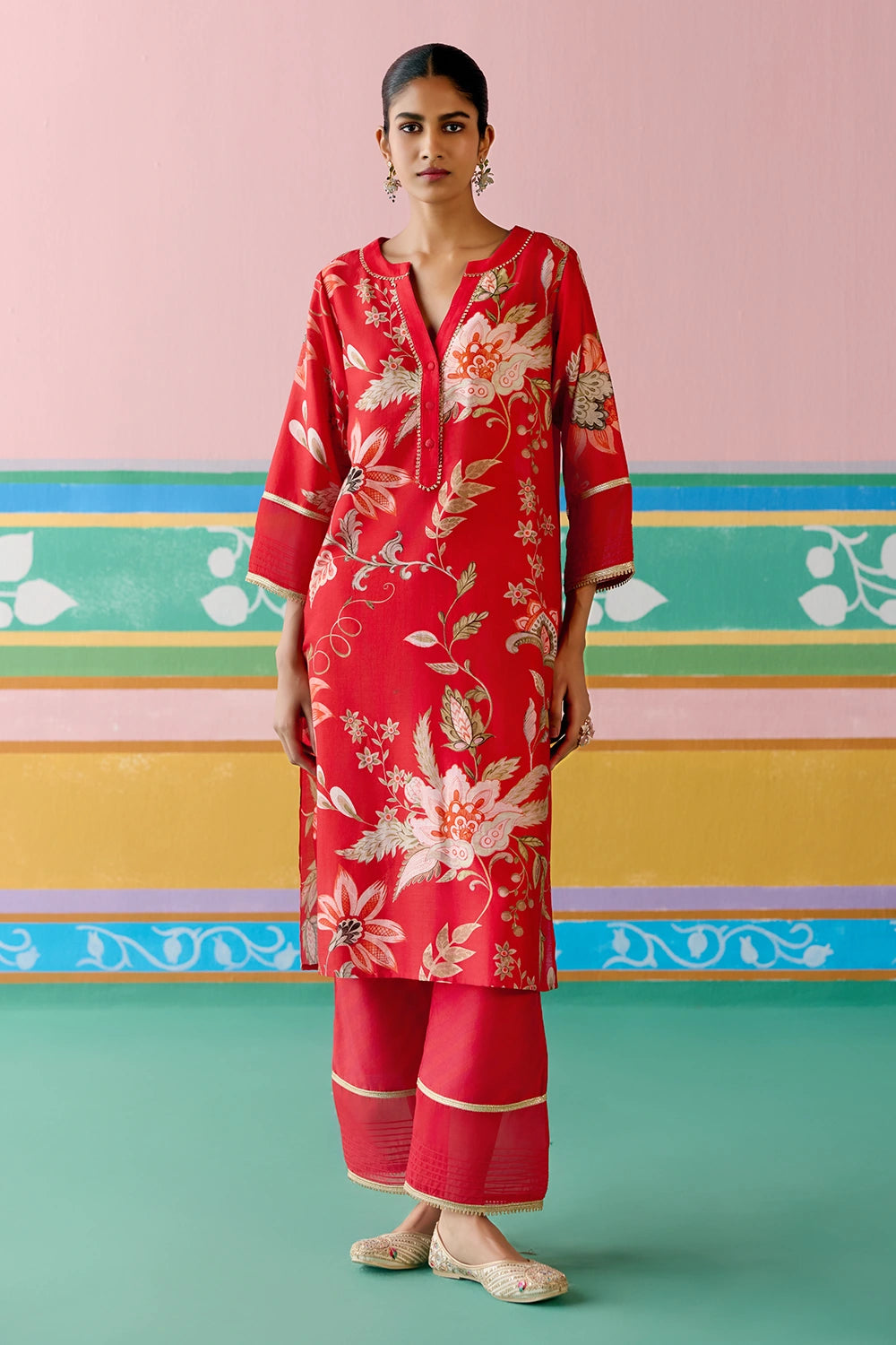 Red Chintz V-Neck Kurta Set With Dupatta